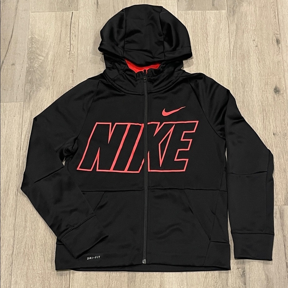 Nike Hoodie Youth Size Large Girls Zip Jacket Sweatshirt Dri Fit Black Pink